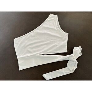 One Shoulder Side Tie Waist Crop Top WHITE SOLID ELASTIC SIZE XL